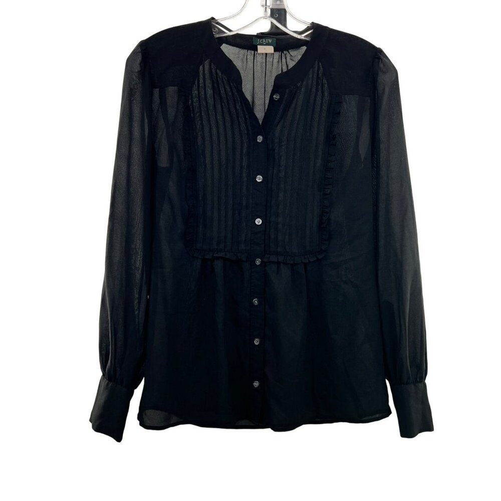 J.Crew Women's Long Sleeve Button Up Top Sheer Black Blouse Medium